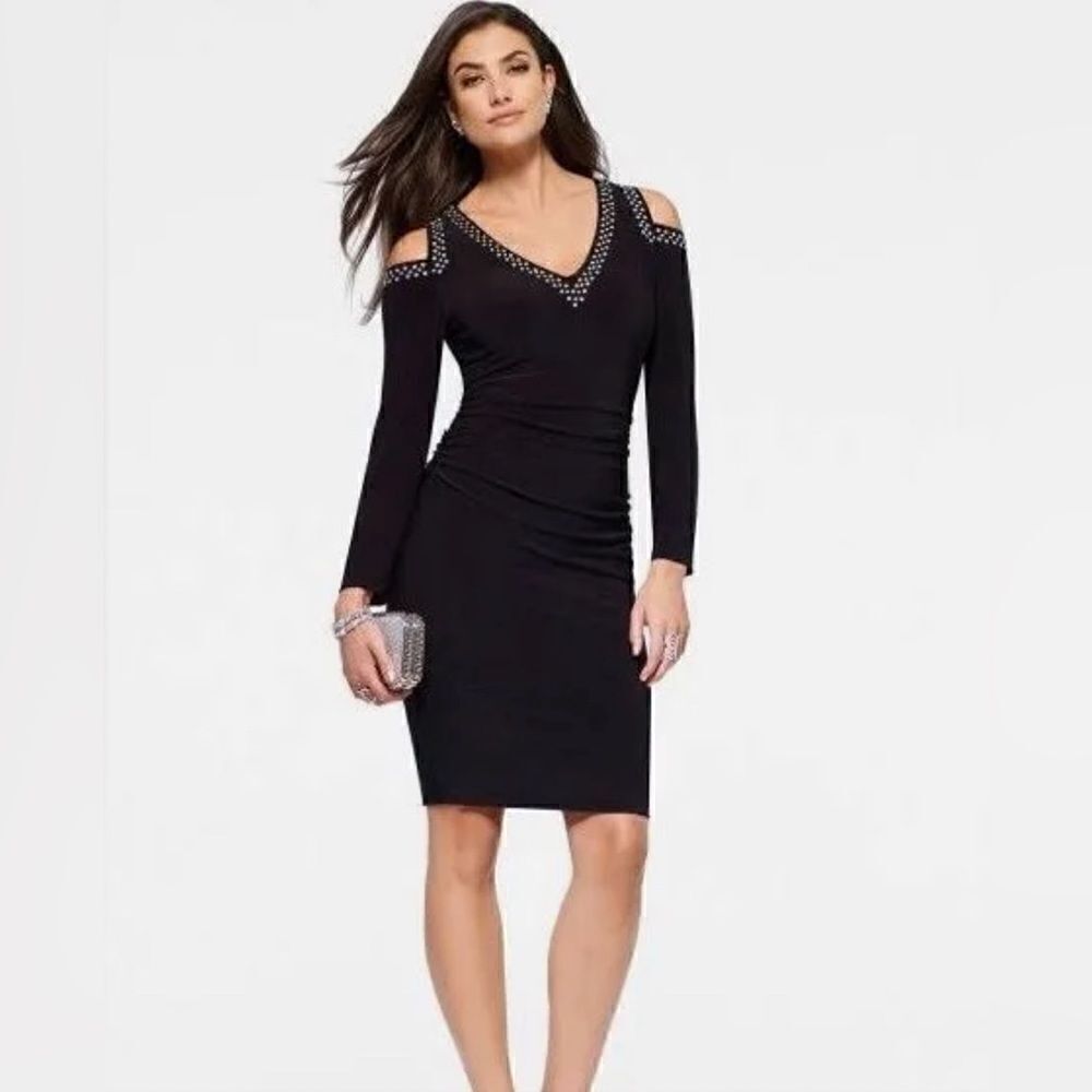 Cachè Black Cold Shoulder Bedazzled Dress